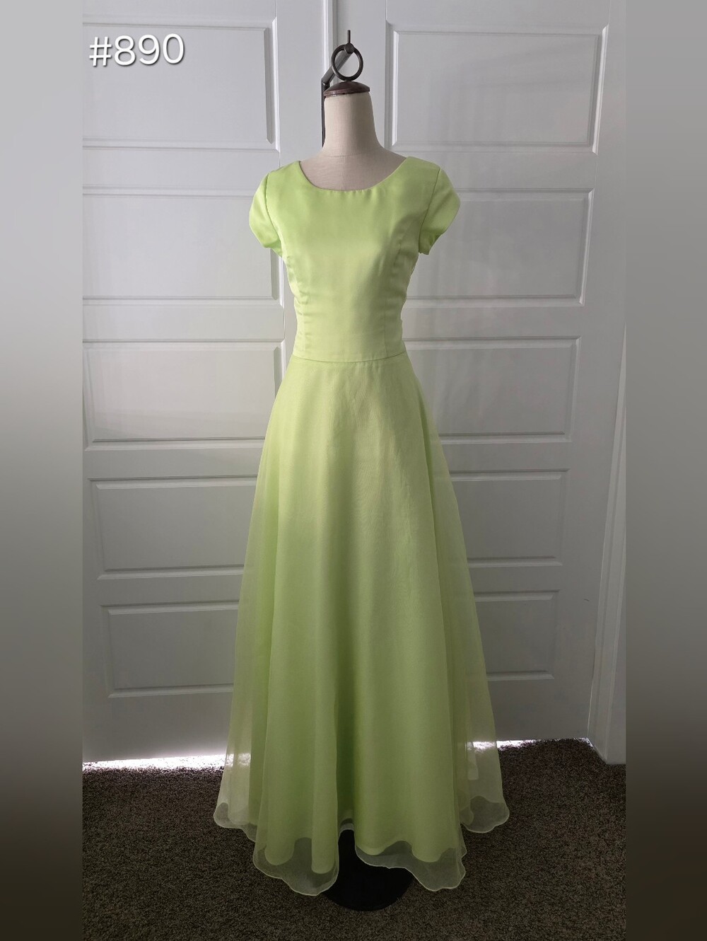 Lime Green Satin & Chiffon Cap-Sleeve A-Line Prom Dress
